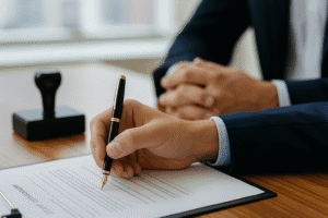 Imagem ilustrativa de inventário extrajudicial. Assinatura de documento no inventário extrajudicial em cartório.