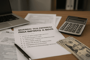 Documentos fiscais sendo analisados para identificar imposto a mais pago pela empresa.