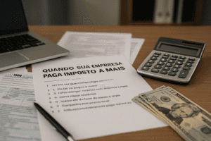 Documentos contábeis sendo analisados para identificar imposto a mais pago pela empresa.