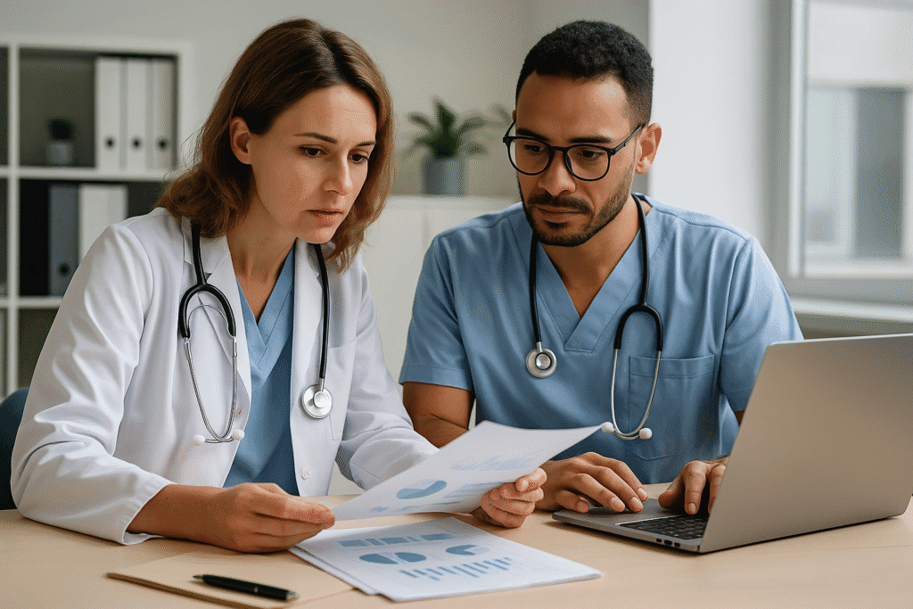 Profissionais de clínica médica analisando documentos para redução alíquota atividade hospitalar.